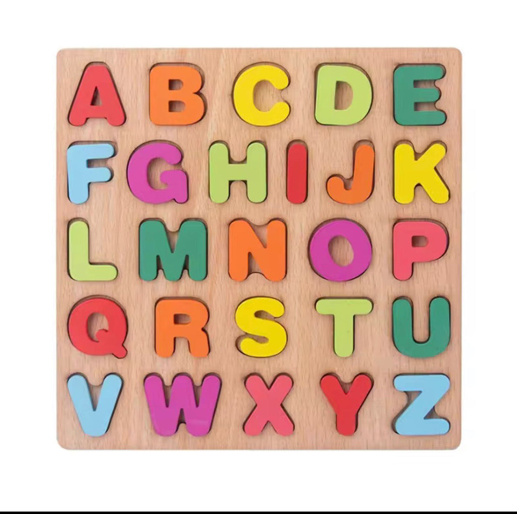 Wooden alphabet puzzle with colorful letters on a white background