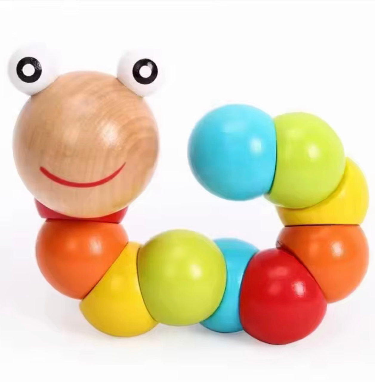 Colorful wooden toy caterpillar on a white background