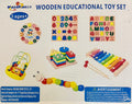 Wooden educational toy set with various toys on a white background