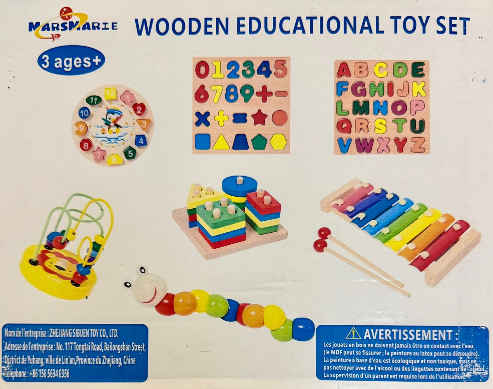 Wooden educational toy set with various toys on a white background