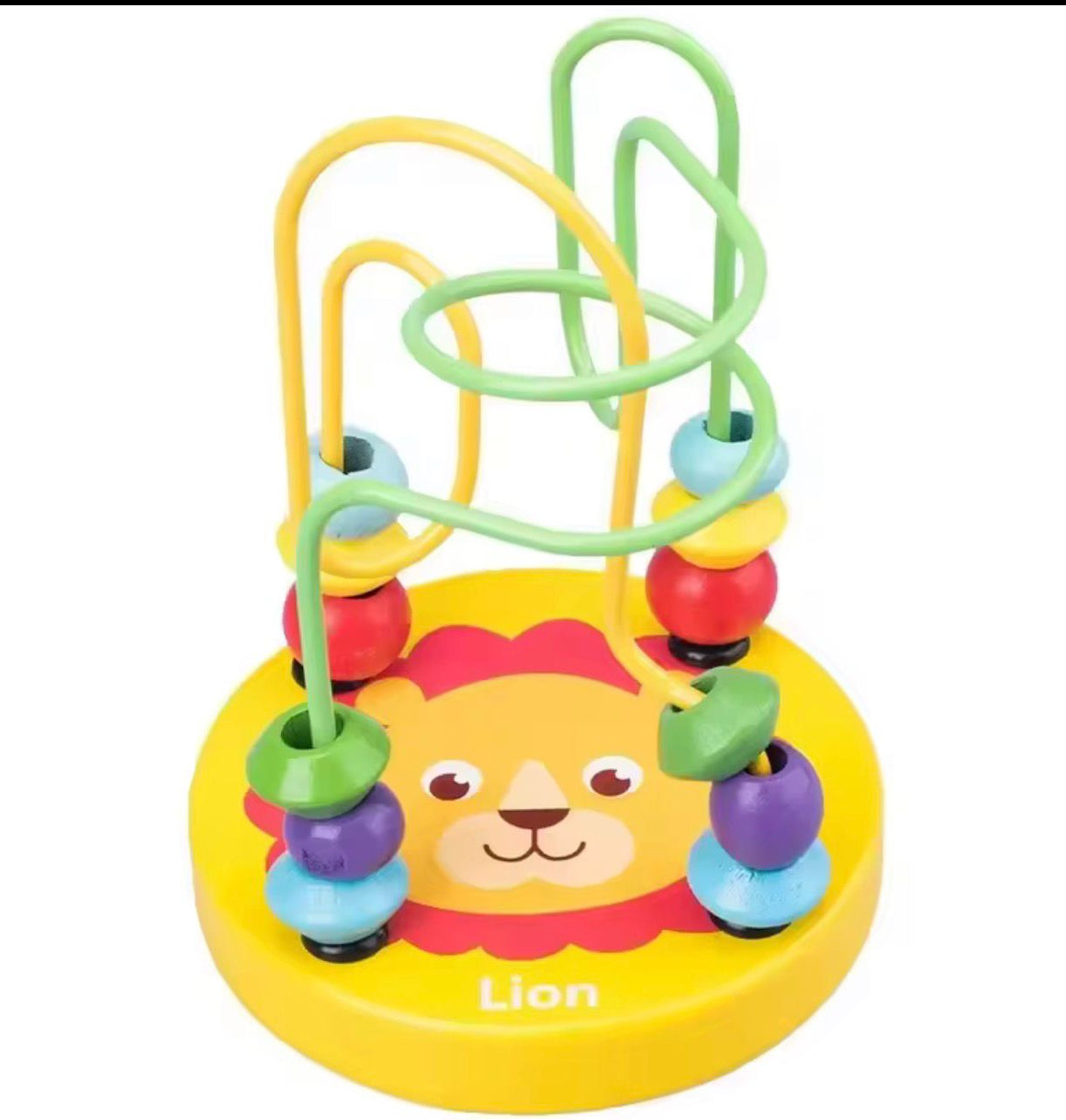 Colorful lion-themed baby toy with beads and loops on a white background