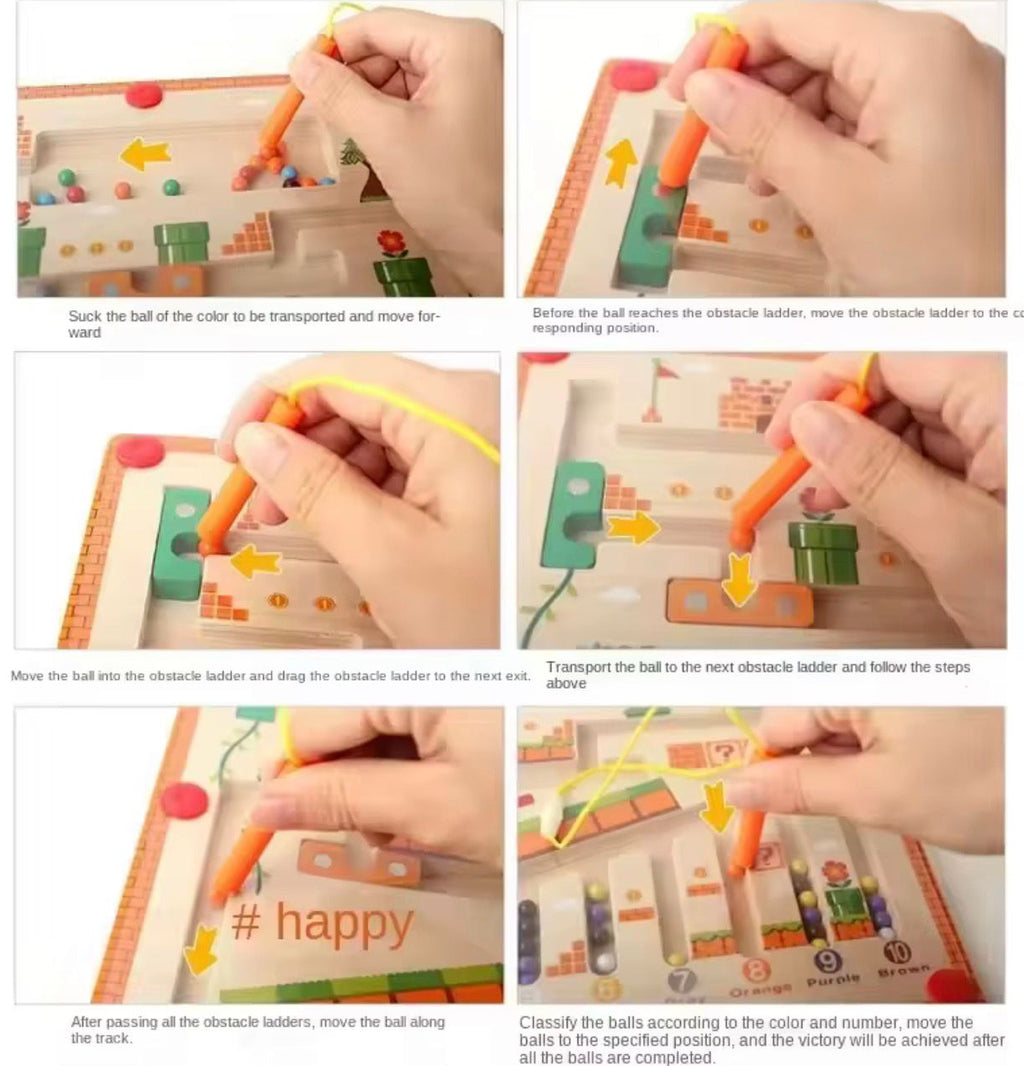 Collage of hands playing with a educational toy, moving colored balls through obstacles.