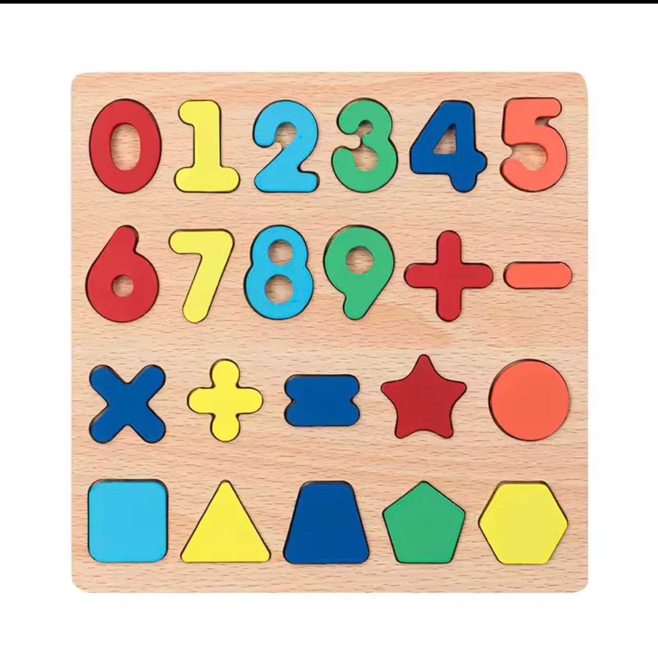 Wooden educational toy with numbers and shapes on a white background